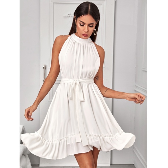 White Chiffon Flared Belted Mini Dress - Picture 5 of 9